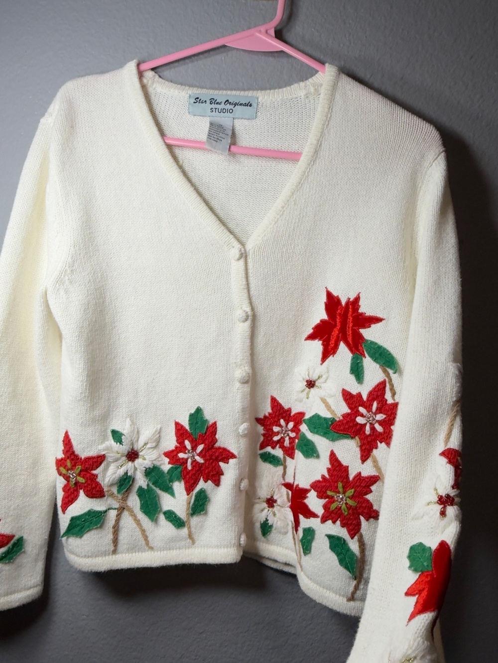 Star Blue Originals M Christmas Cardigan Poinsettia Beaded